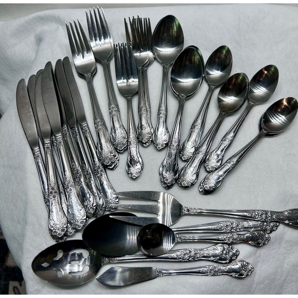 Rogers Precious Rose Pattern Stainless Flatware Set 53pc Service for 8 plus